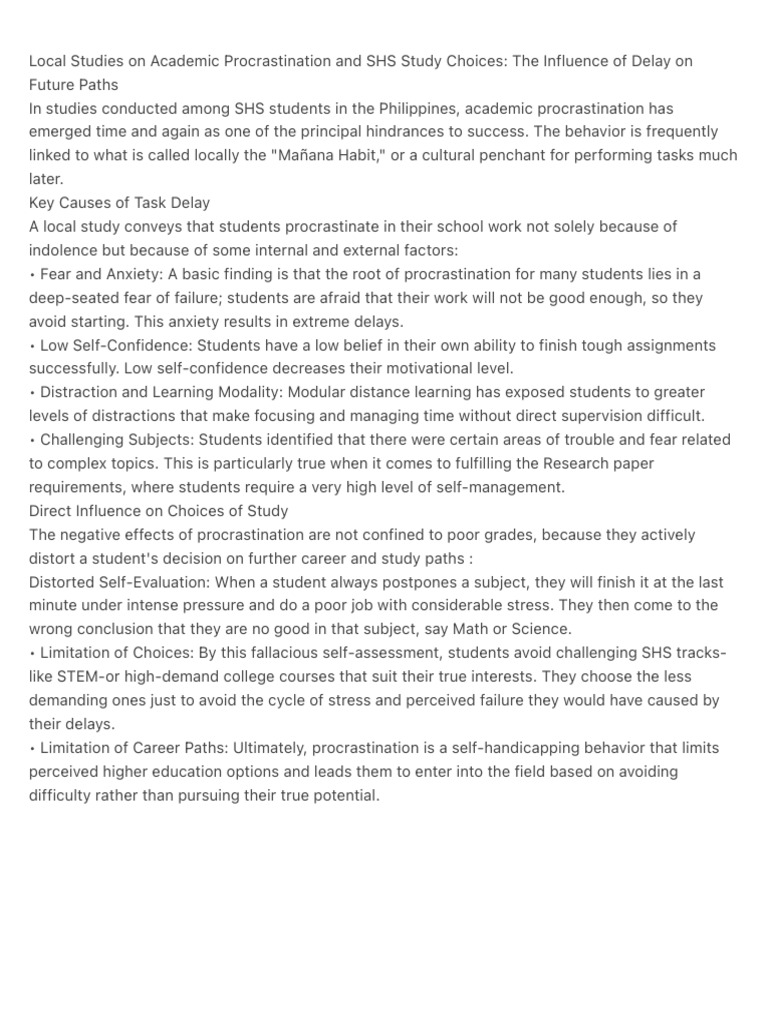 Local Studies On Academic Procrastination and SHS Study Choices The | PDF