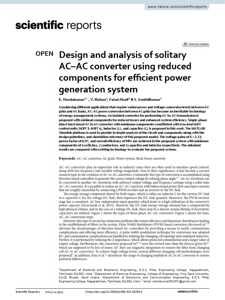 Design and Analysis of Solitary AC-AC Converter Using Reduced ...