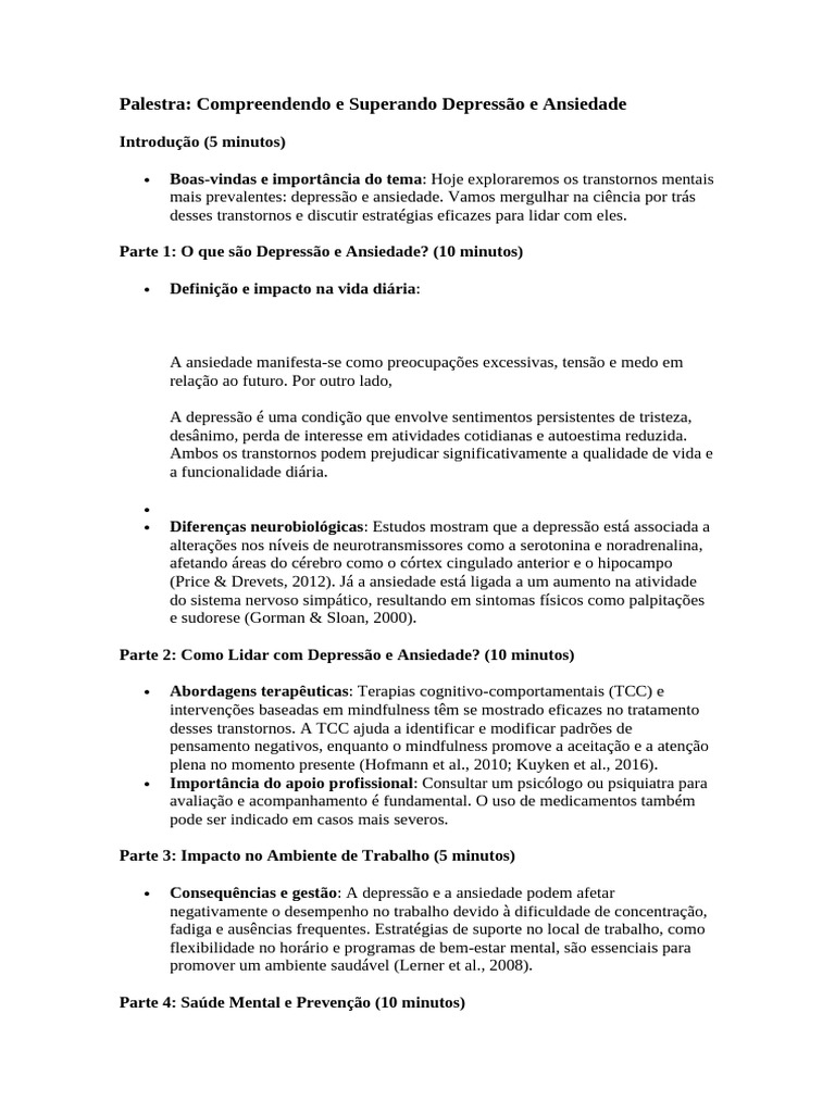 Palestra Compreendendo e Superando Depressão e Ansiedade | PDF ...