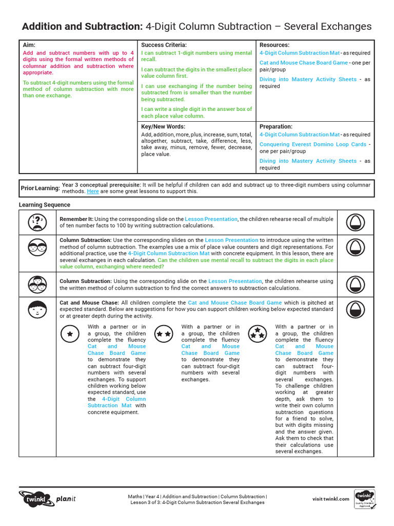 Lesson Plan 4-Digit Column Subtraction Several Exchanges | PDF ...