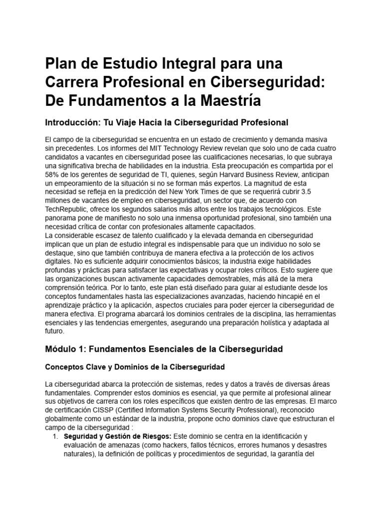 Plan de Estudio en Ciberseguridad Integral | PDF | Seguridad | La ...