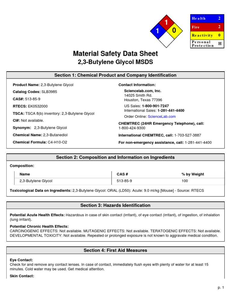 Butylne Glycol Msds PDF Toxicity Water