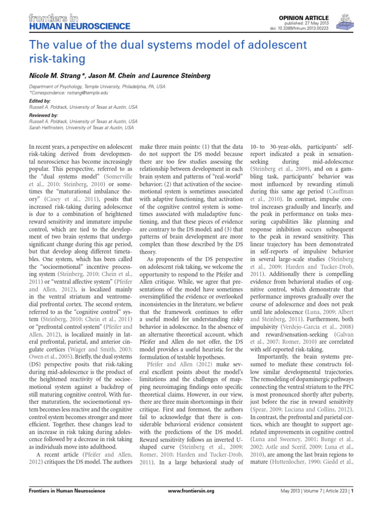 Value of the Dual Systems Model | PDF | Behavioral Neuroscience ...