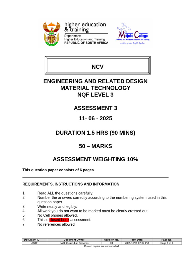 Engineering Material Technology Assessment | PDF | Chemical Substances ...