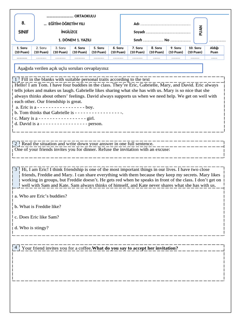 8th Grade English Exam Questions | PDF | Chess Theory | Chess