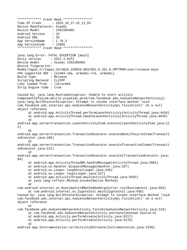 Xiaomi Crash Report: Unity Error 2025 | PDF | Java (Programming ...