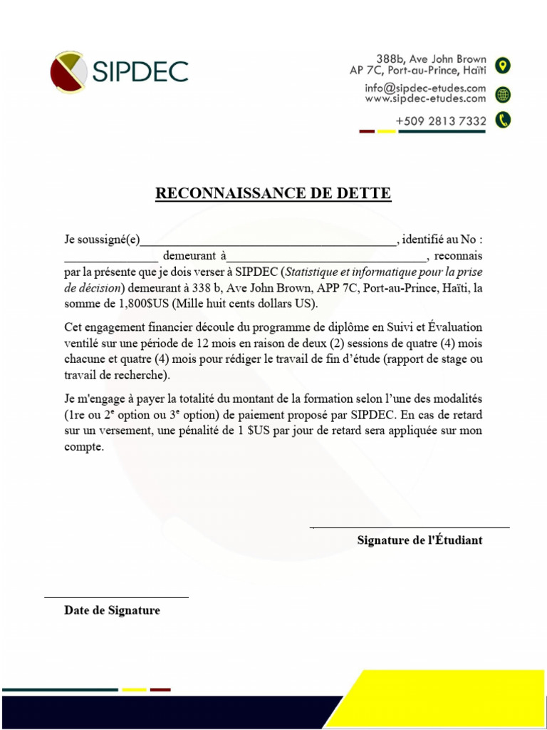 Reconnaissance de dette SIPDEC 1800$US | PDF