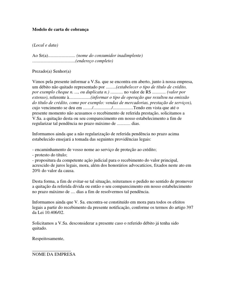 Modelo de carta de cobrança