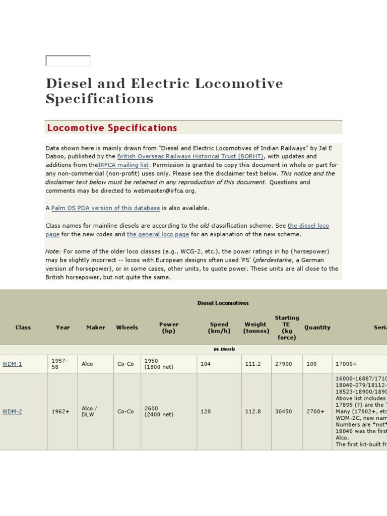 Diesel and Electric Locomotive Specifications | PDF | Locomotives ...