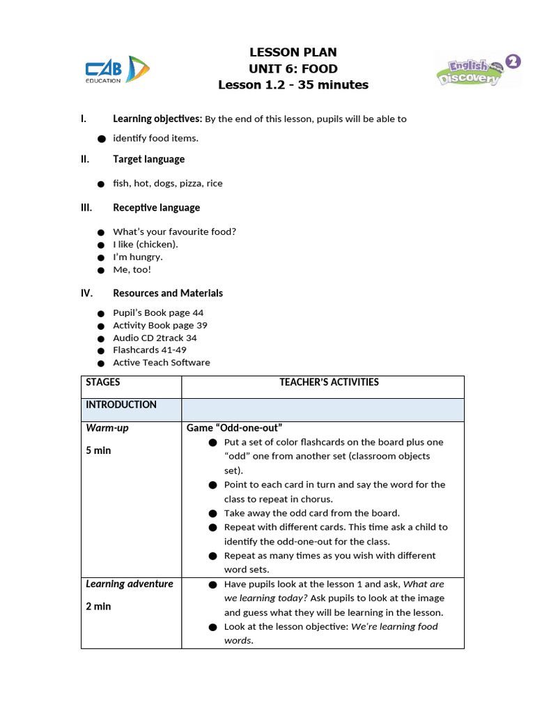 Food Vocabulary Lesson Plan for Kids | PDF | Cognition | Learning