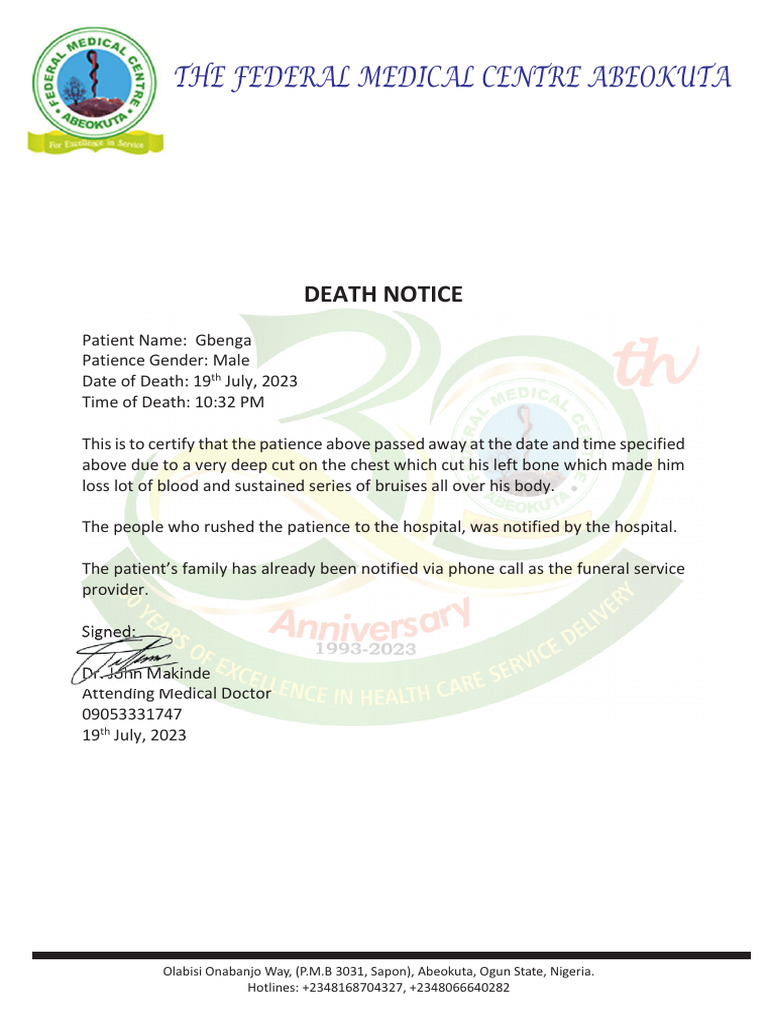 Death Notice for Patient Gbenga | PDF