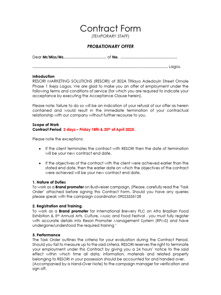 BAs Contract Form For Budweiser Brazilian Decendant Event | PDF | Trade ...