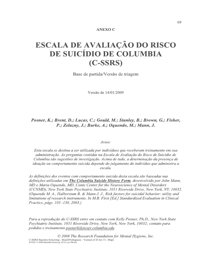 Escala de Avaliação Do Risco de Suicídio de Columbia (C-SSRS) | PDF