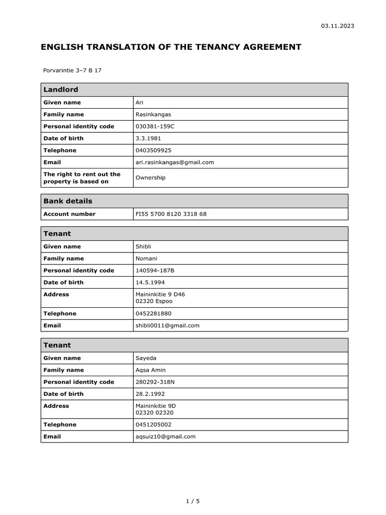 Tenancy Agreement Translation - Helsinki | PDF | Leasehold Estate | Lease