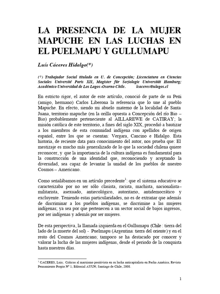 Cáceres, L. La Presencia de La Mujer Mapuche en Las Luchas en El ...