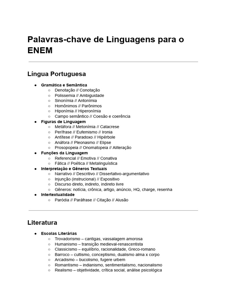 (Linguagens) Palavras-Chave de Linguagens para o ENEM PDF | PDF ...