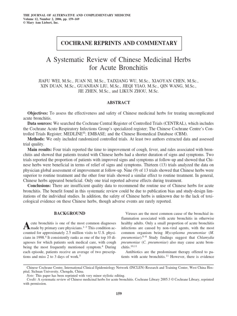 A Systematic Review of Chinese Medicinal Herbs For Acute Bronchitis ...