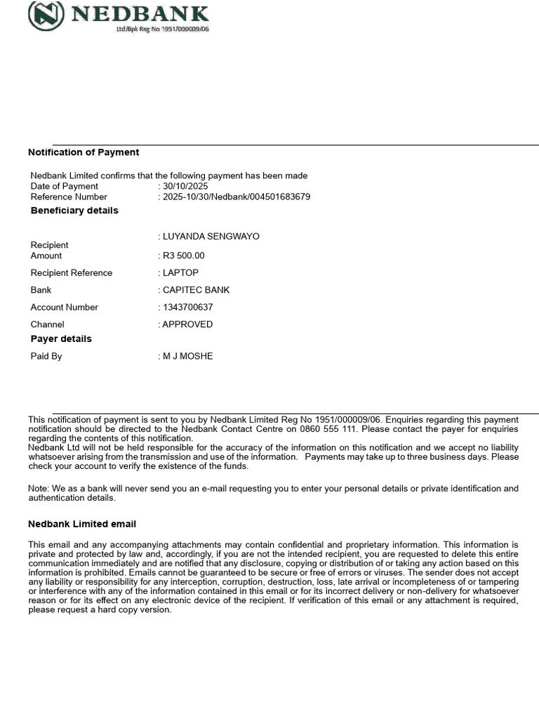 Nedbank Payment Notification PDF | PDF