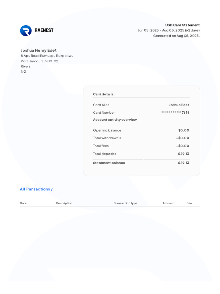 USD Card Statement Overview: Aug 2025 | PDF