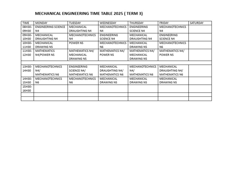 Mechanical Engineering Timetable 2025 | PDF
