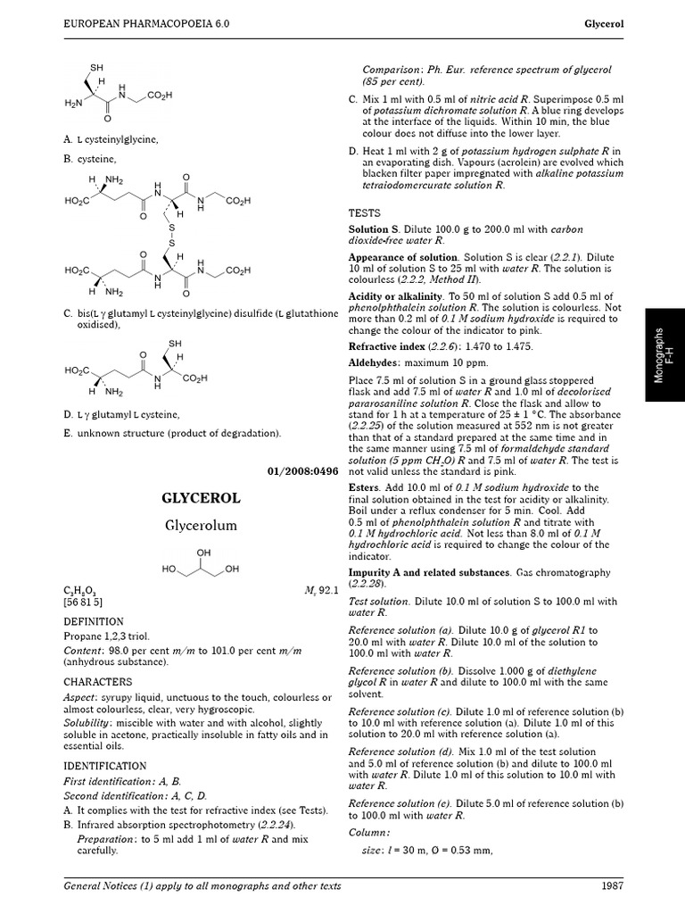 Glycerol Specifications and Tests | PDF | Glycerol