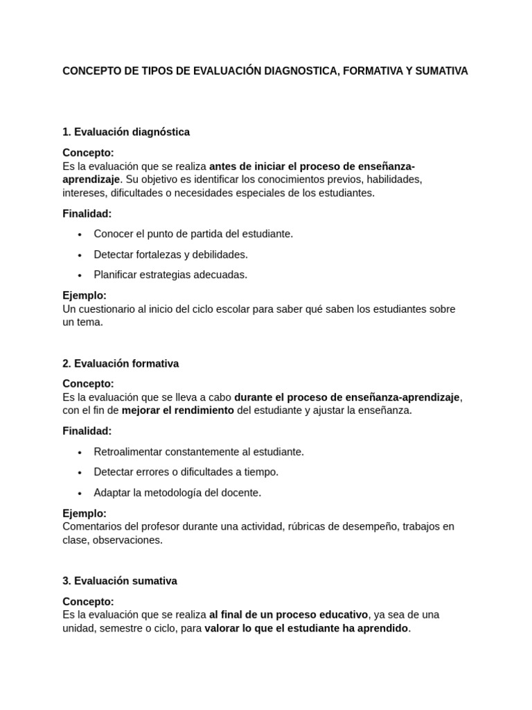 Tipos de Evaluación: Diagnóstica, Formativa y Sumativa | PDF