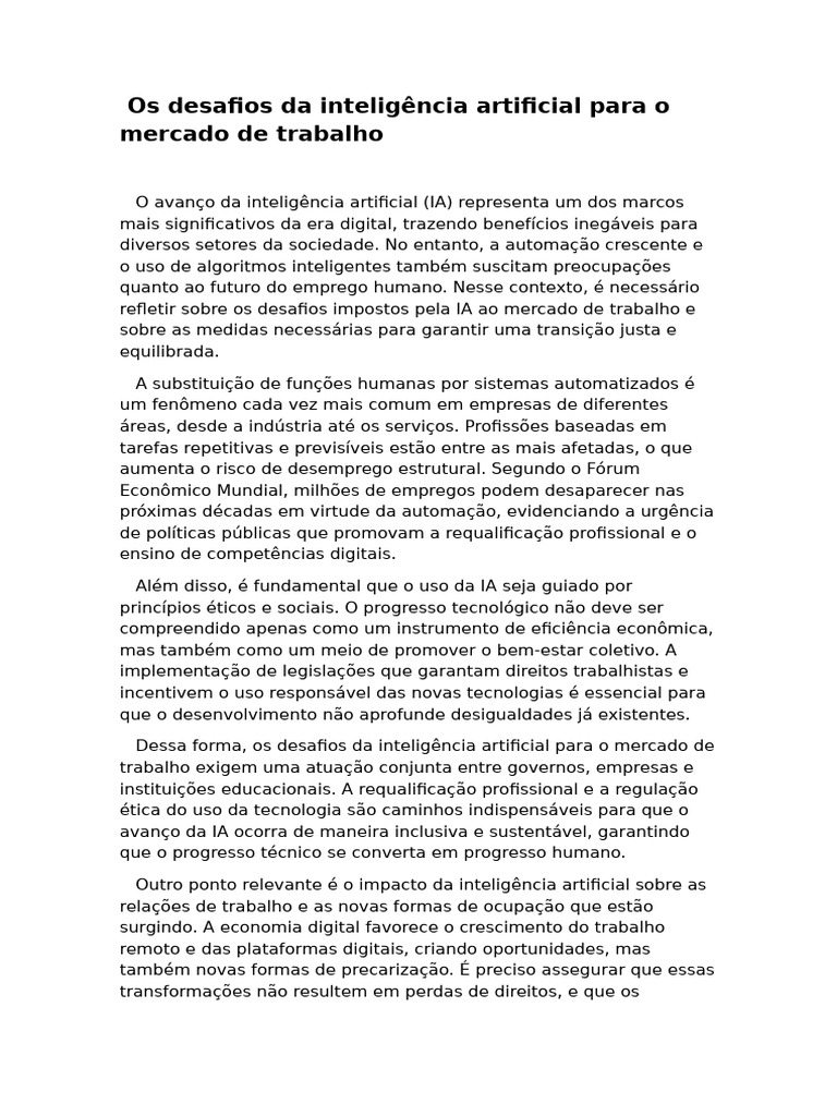 Os Desafios Da Inteligência Artificial Para o Mercado de Trabalho | PDF ...