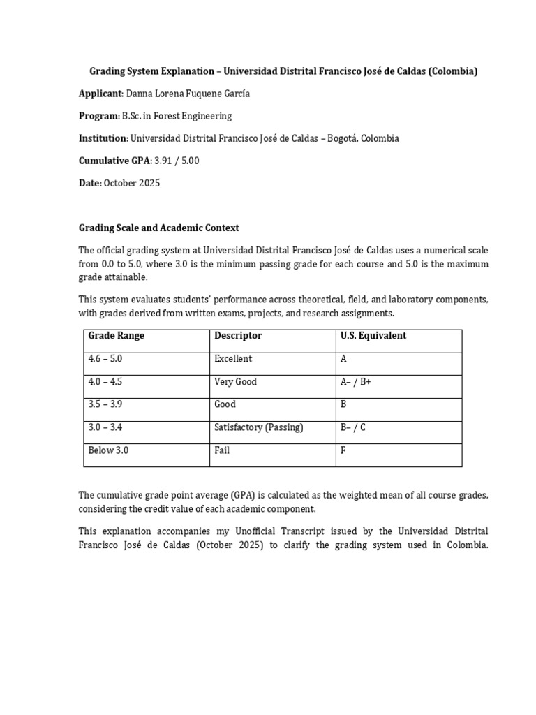 Grading System at Universidad Distrital | PDF