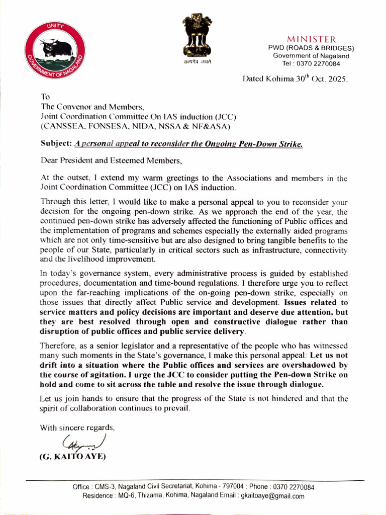 Appeal to End Pen-Down Strike in Nagaland | PDF | Government