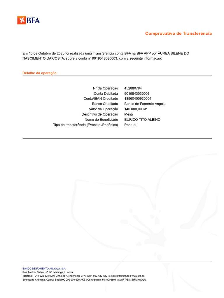 Comprovativo de Transferência BFA 2025 | PDF