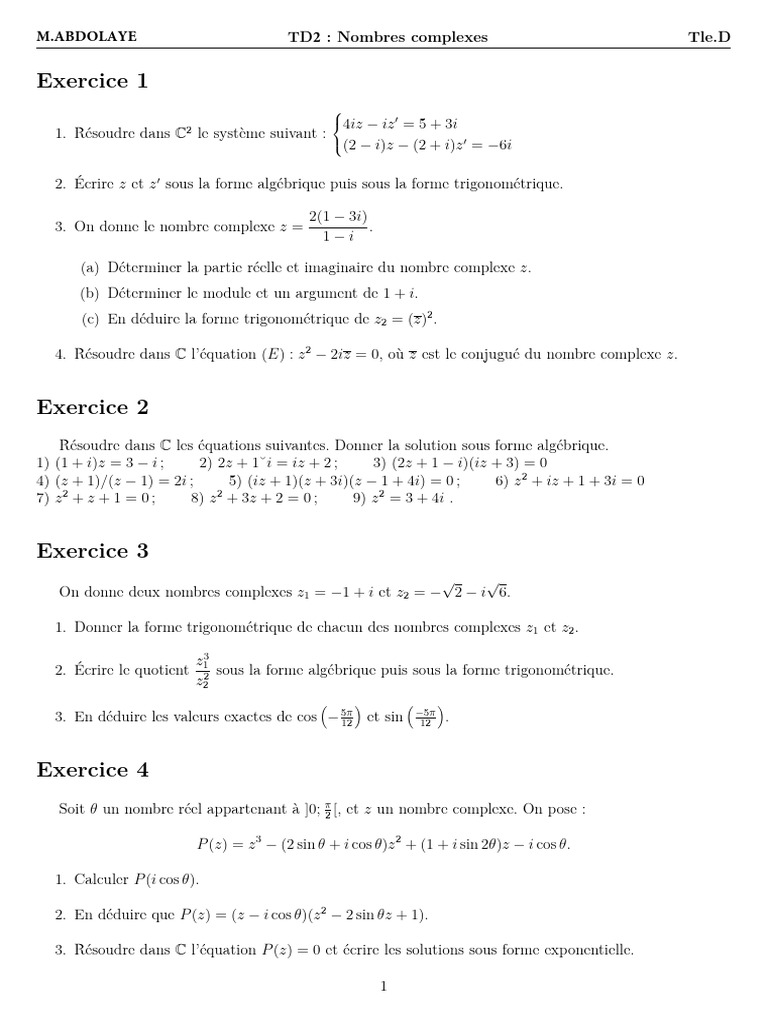 Exercices de Nombres Complexes en Terminale D | PDF | Nombre complexe ...