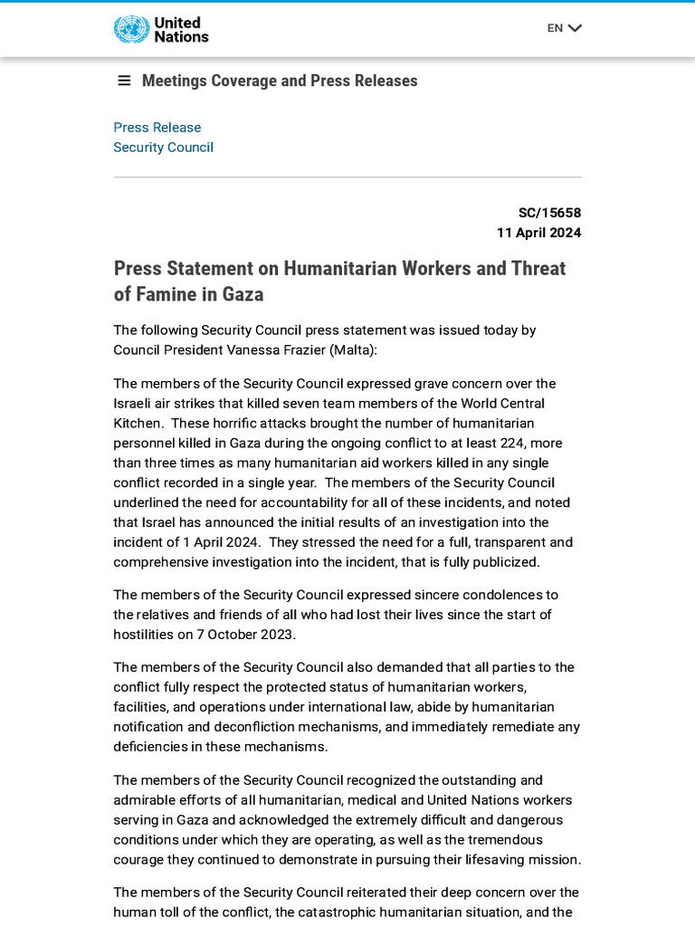 Press Statement On Humanitarian Workers and Threat of Famine in Gaza ...