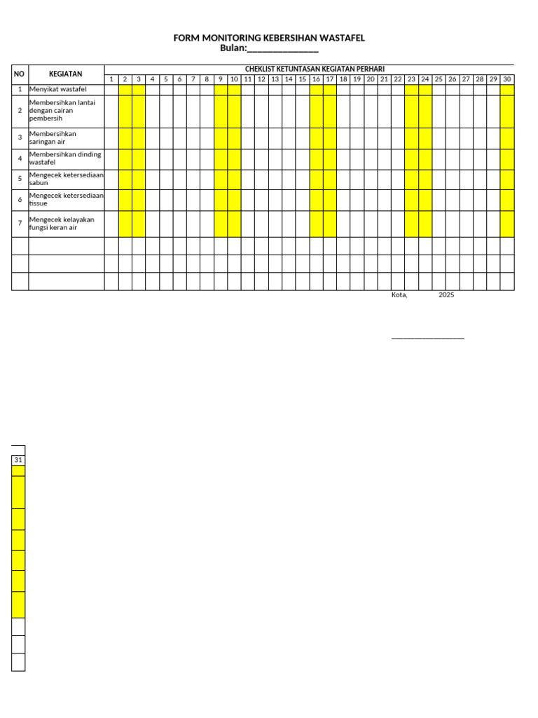 Form Monitoring Kebersihan Harian | PDF