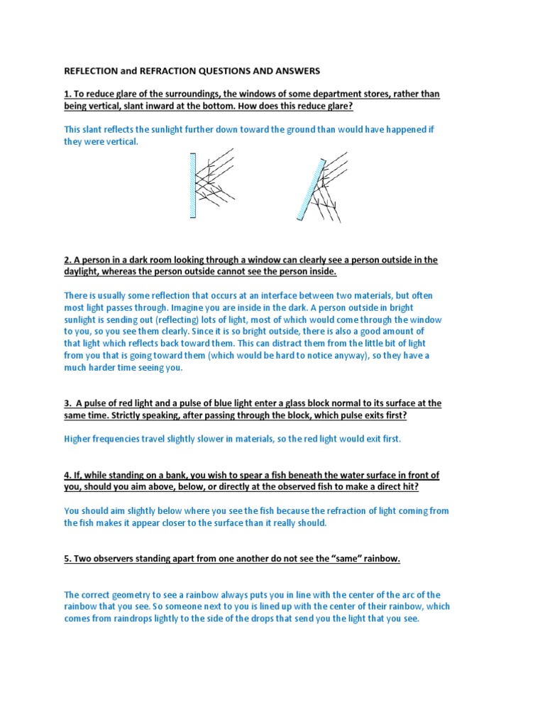 Reflection and Refraction Questions and Answers | PDF | Rainbow | Lens ...