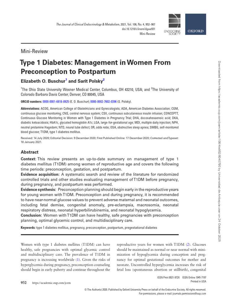 Type 1 Diabetes Management in Women From Preconception To Postpartum ...