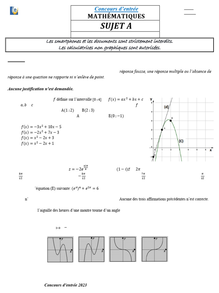 Concours Maths UL 2023 - Sujet A | PDF | Nombre complexe | Tangente ...