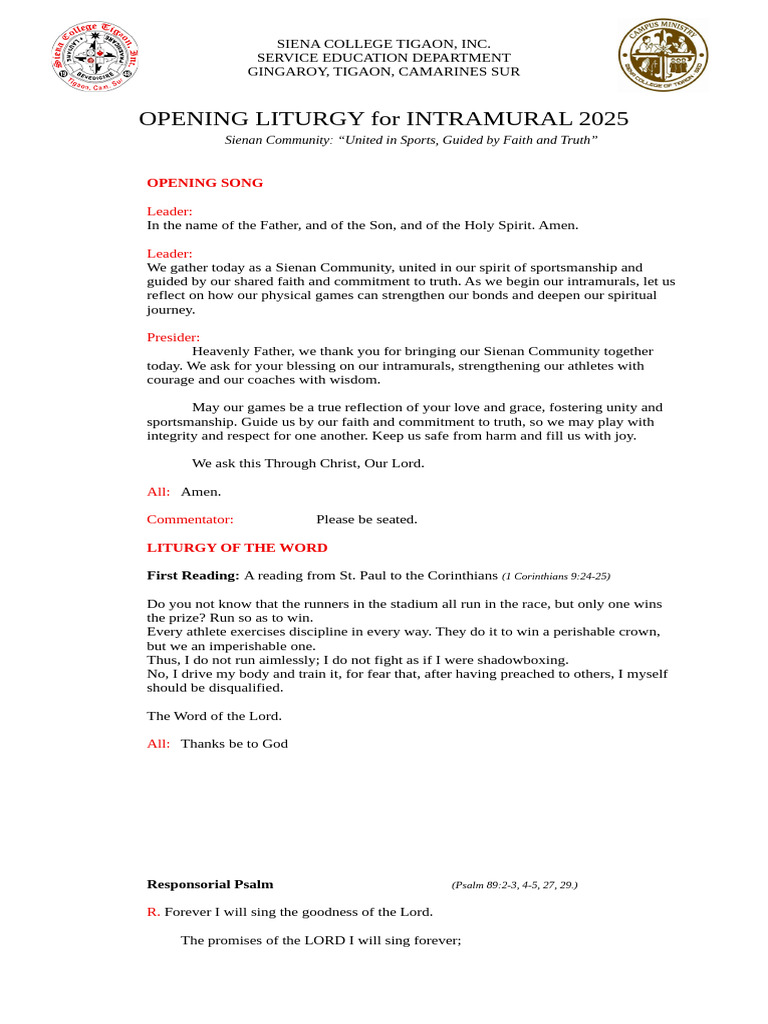 Opening Liturgy for Intramurals 2025 | PDF | Lord's Prayer | Jesus