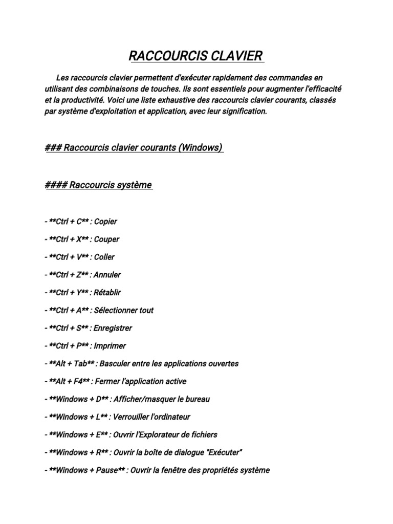 Raccourcis clavier essentiels par OS | PDF | Raccourci clavier ...