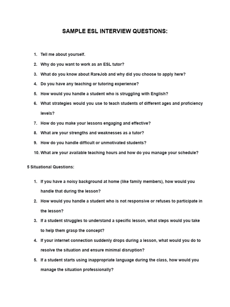Essential ESL Tutor Interview Questions | PDF