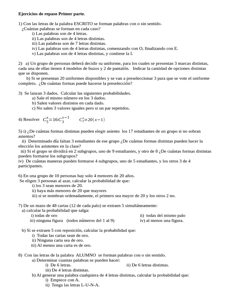Ejercicios de Probabilidades y Combinatoria | PDF | Probabilidad