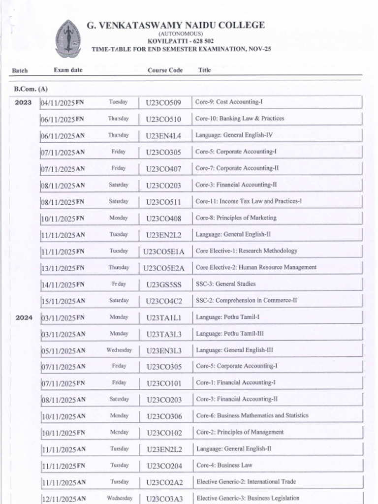 Ese Theory Time Table - Nov-25 - B.com (A) | PDF