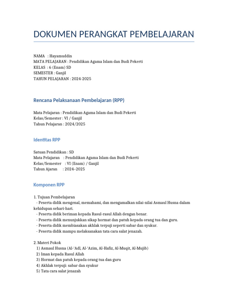 Sampul RPP PAI Kelas VI SD 2024-2025 | PDF
