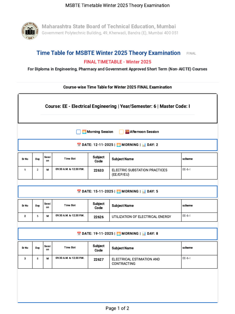 Time Table For Winter 2025 Theory Examination | PDF | Qualifications ...