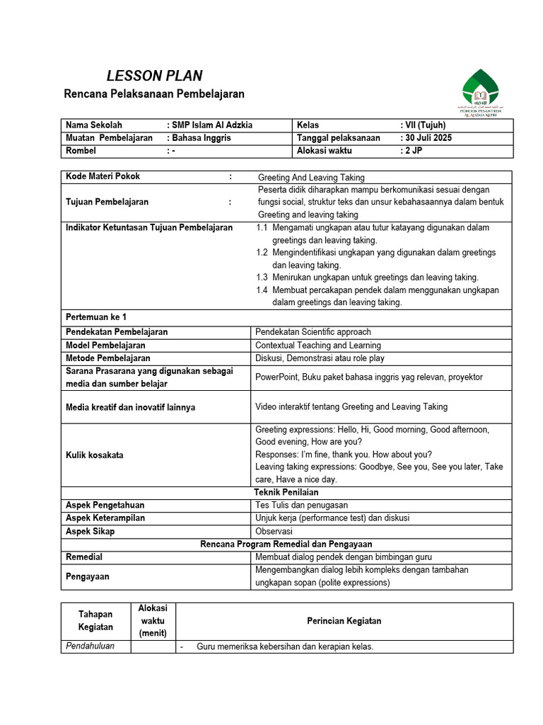 Lesson Plan: Rencana Pelaksanaan Pembelajaran | PDF