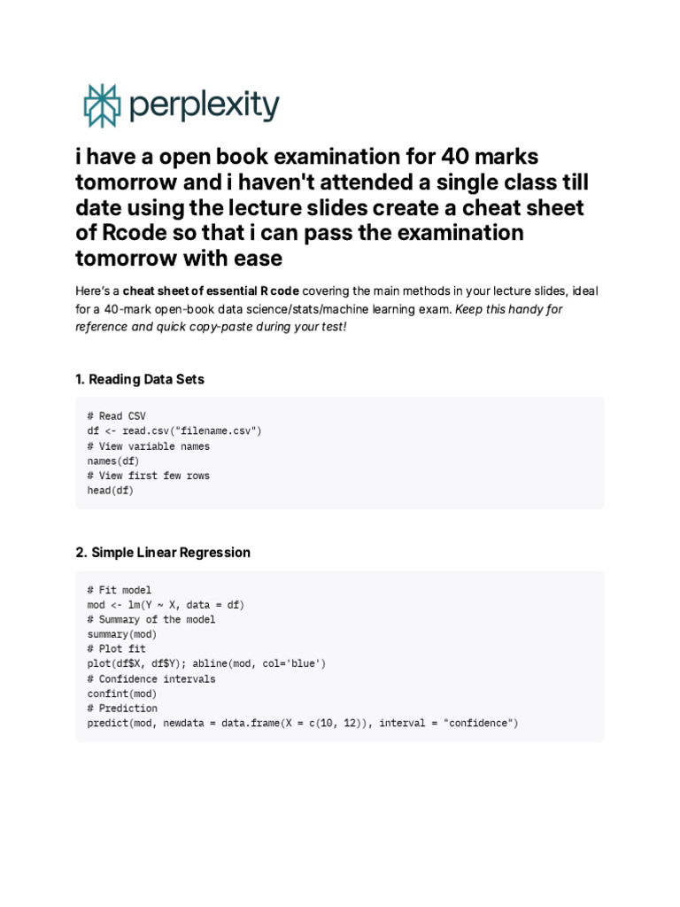 Essential R Code Cheat Sheet for Exams | PDF | Methodology | Statistics