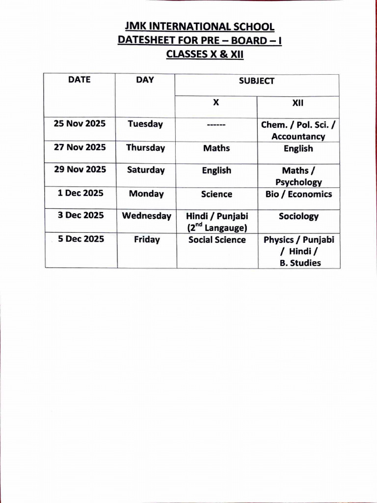 Pre-Board I Datesheet for Classes X & XII | PDF