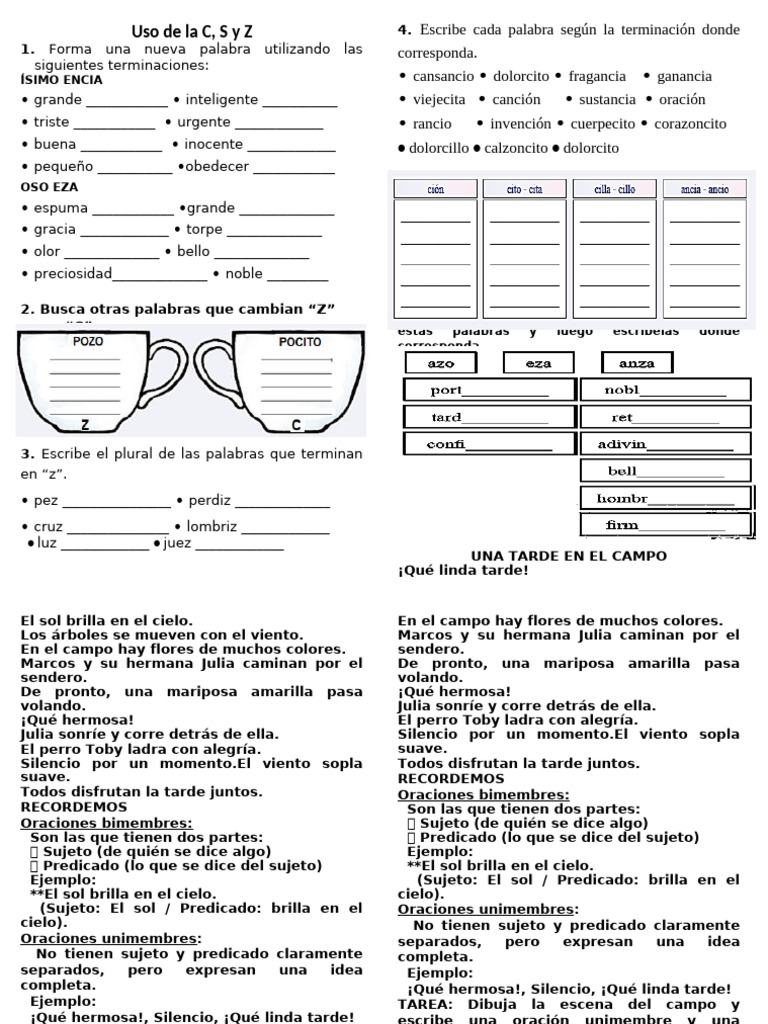 Ejercicios de Lengua: C, S y Z | PDF | Predicado (Gramática) | Asunto ...