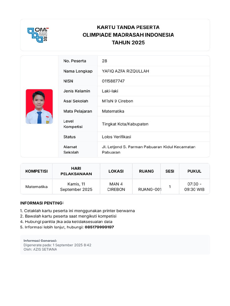 Kartu Peserta Yafiq Azfa Rizqullah 2025 09 08 | PDF
