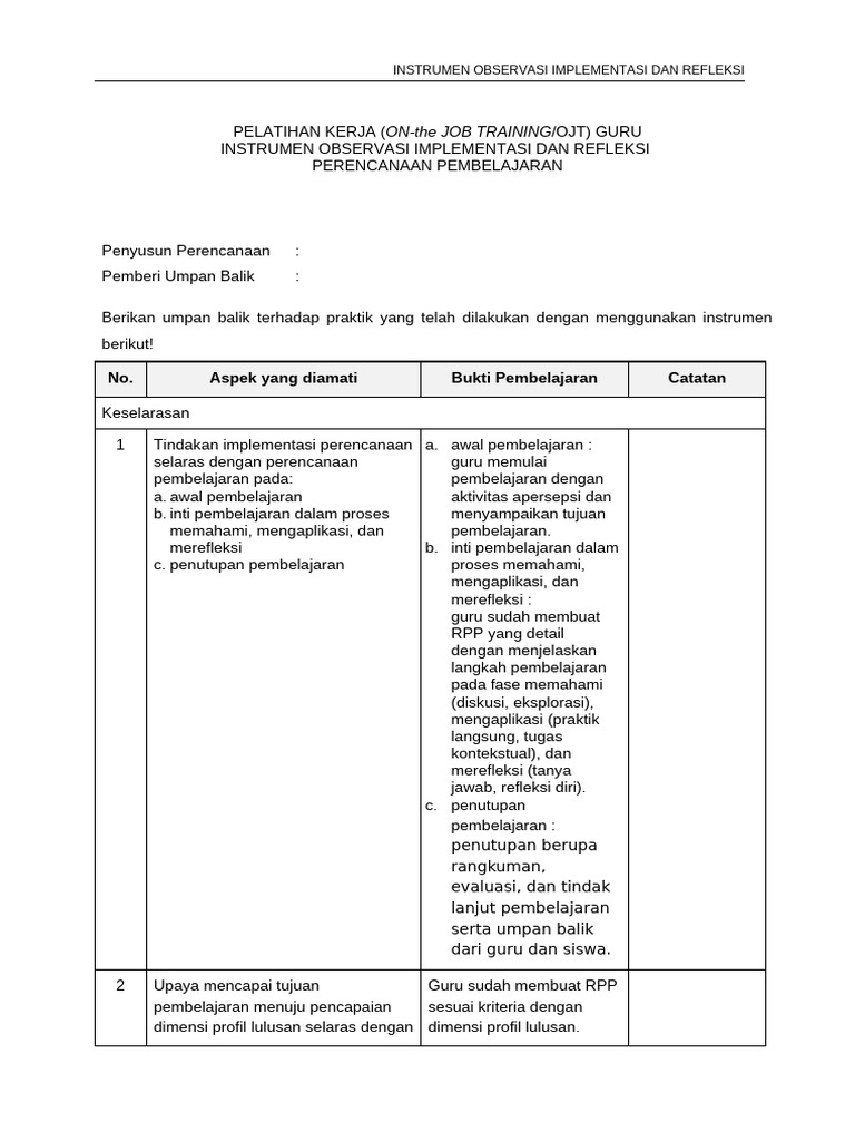 LK 3 - Instrumen Observasi Implegvmentasi Dan Refleksi | PDF