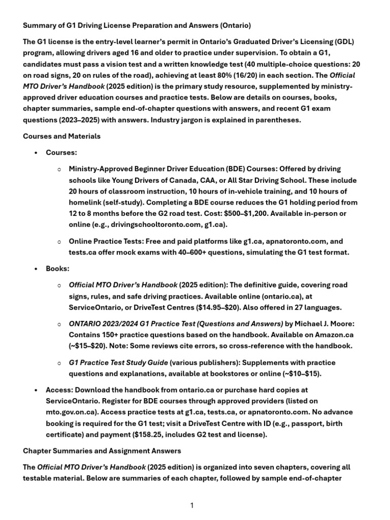 Summary of G1 Driving License Preparation and Answers (Ontario | PDF ...
